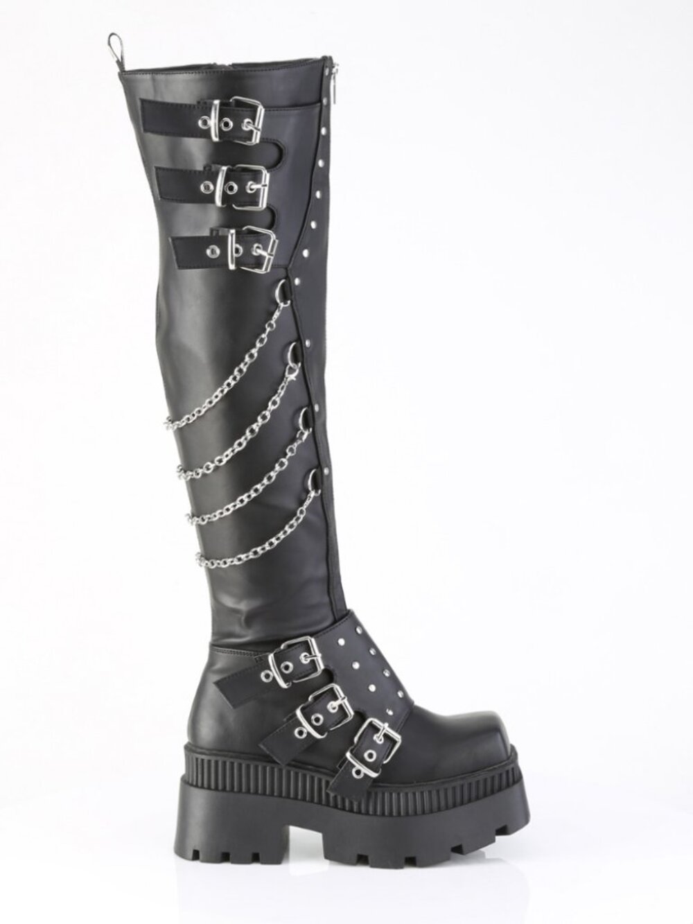 Chunky Heel Square-Toe Over-The-Knee Boots, Shield Detail, Front Zip & Chain Acc